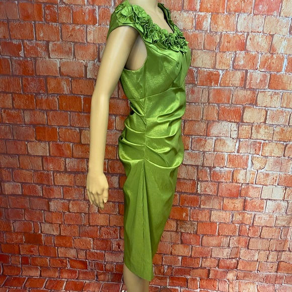 London Times Green Ruffled Flower Neckline Side-Ruched Dress - Picture 9 of 11
